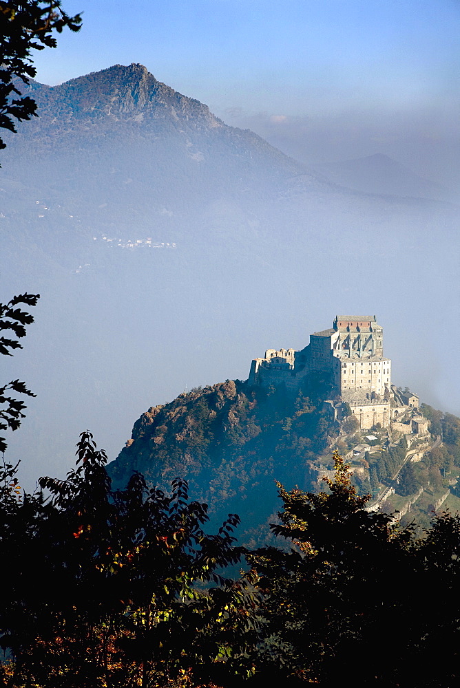 Mount Pirchiriano and Sacra di San Michele (Saint Michael's Abbey), Val di Susa, Piedmont, Italy, Europe