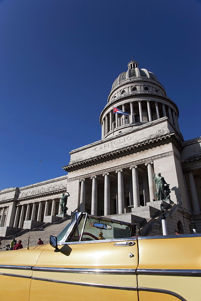 Old car in front of the Capitolio (Capitol), Havana, Cuba, West Indies, Central America