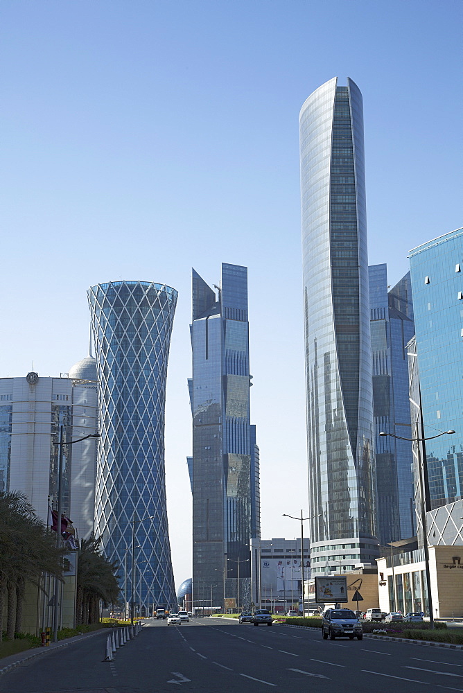 Futuristic skyscrapers downtown in Doha, Qatar, Middle East