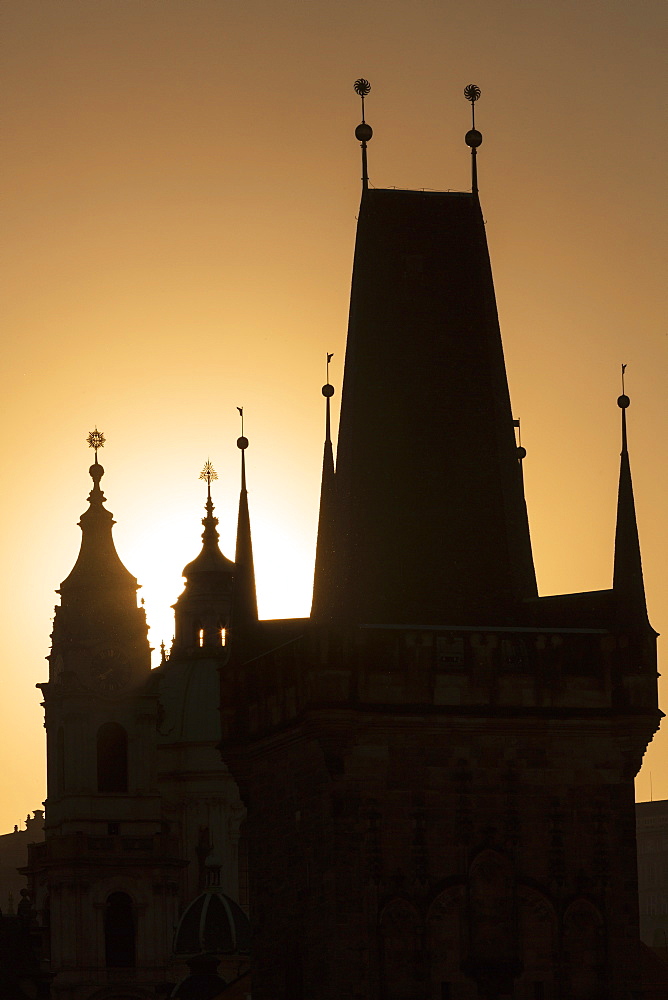 Old Town Bridge Tower in silhouette, Prague, Czech Republic, Europe