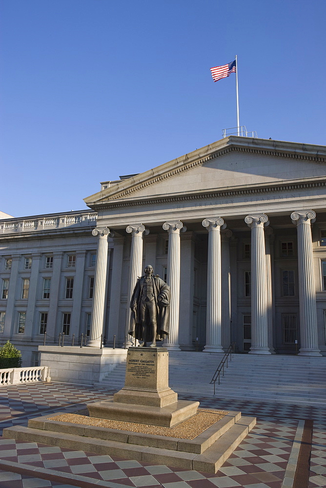 The U.S. Treasury Building with flag flying, Washington D.C., United States of America, North America