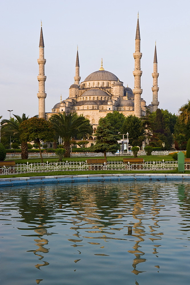 Blue Mosque reflected in pond, Sultanahmet Square, Istanbul, Turkey, Europe