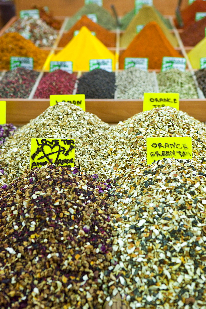 Tea and spices for sale in Spice Bazaar, Istanbul, Turkey, Western Asia