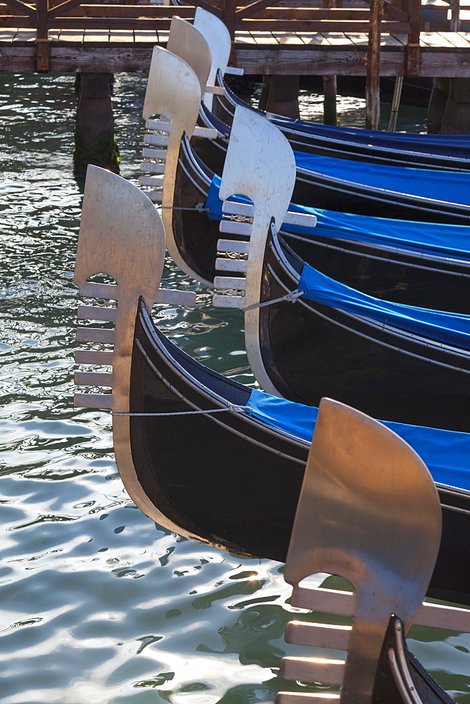 Gondolas moored in St. Mark's Basin, Venice, Veneto, Italy, Europe