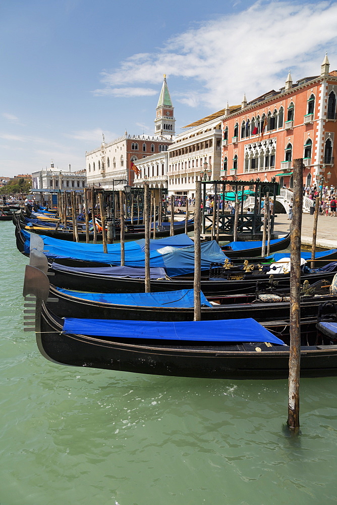 Gondolas moored in St. Mark's Basin, Venice, UNESCO World Heritage Site, Veneto, Italy, Europe