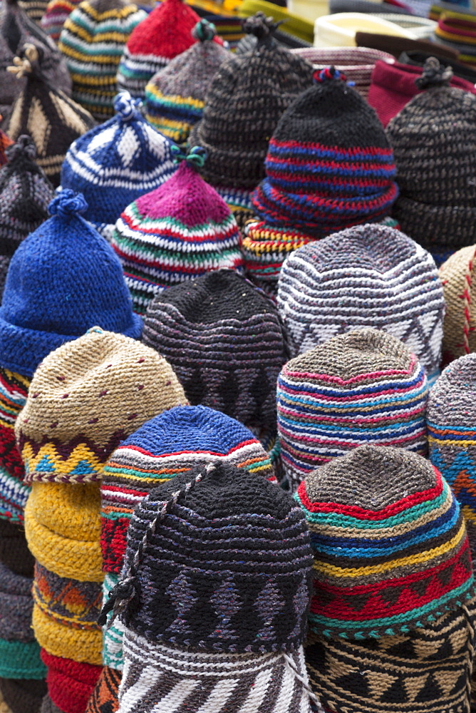 Traditional colourful woollen hats for sale in Old Square, Marrakech, Morocco, North Africa, Africa 