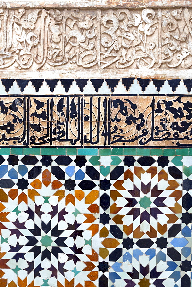 Traditional Moroccan Zallij tile work in the Ben Youssef Medersa, UNESCO World Heritage Site, Marrakech, Morocco, North Africa, Africa 