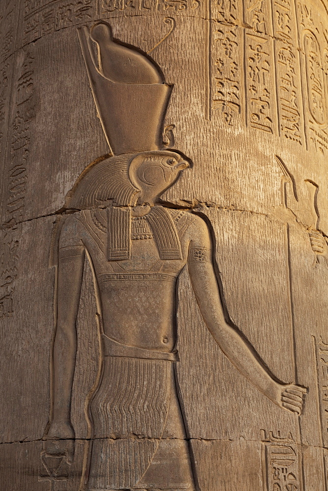 Relief carving in the ancient Egyptian Temple of Kom Ombo near Aswan, Egypt, North Africa, Africa