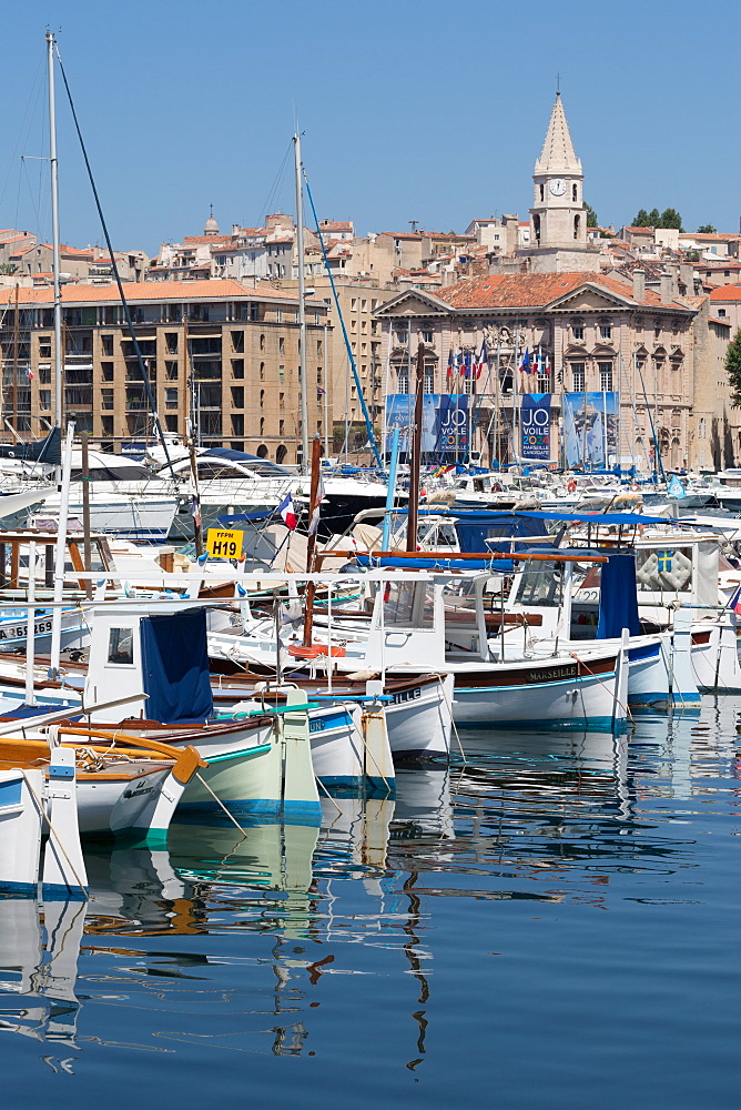 Traditional fishing boats moored in the Old Port of Marseille, Provence, France, Europe