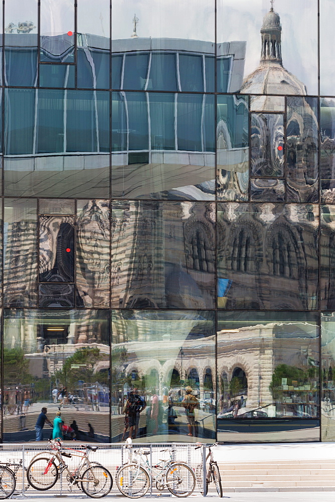 The new MuCEM gallery in Marseille with the cathedral reflected in the glass, Marseille, Provence, France, Europe