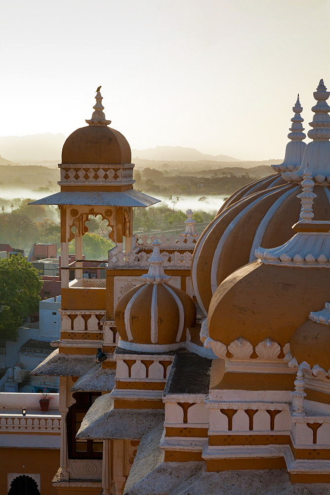 Domes of Deogarh Mahal Palace hotel at dawn, Deogarh, Rajasthan, India, Asia