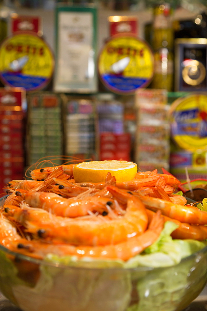 Prawns in a traditional tapas bar in Madrid, Spain, Europe