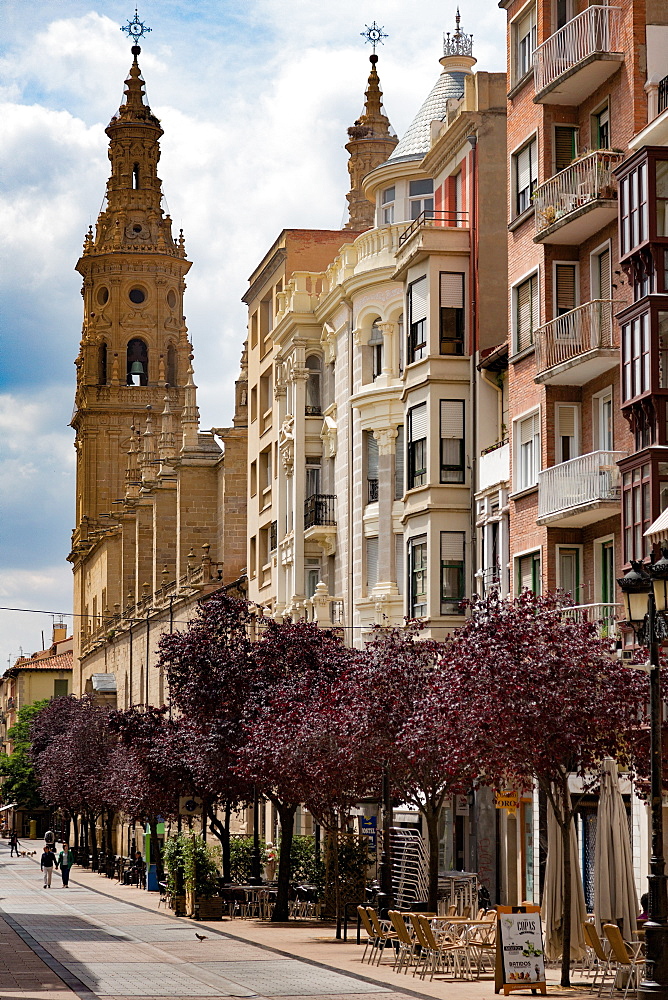 Calle Portales with Santa Maria de la Redonda Cathedral in Logrono, La Rioja, Spain, Europe