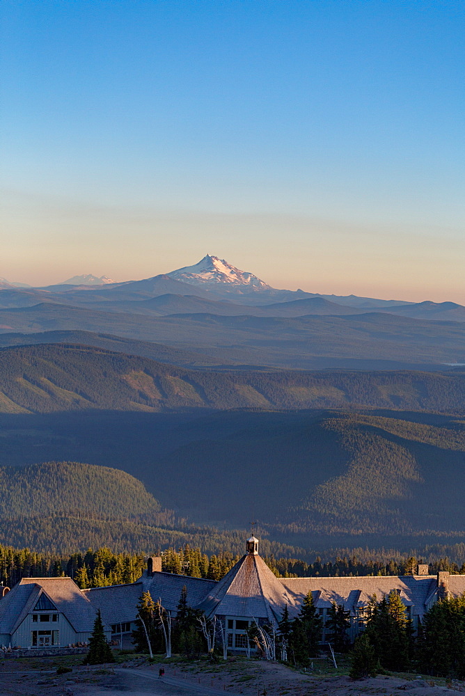 Timberline Lodge hotel and Mount Jefferson seen from Mount Hood, part of the Cascade Range, Pacific Northwest region, Oregon, United States of America, North America