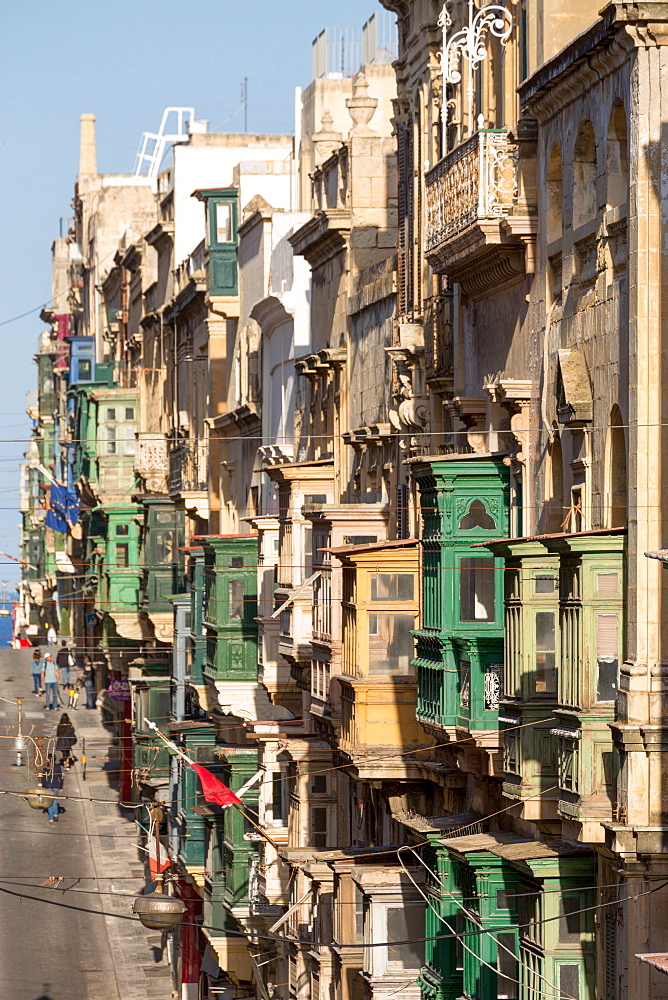 Traditional balconies on the crowded Triq Ir Repubblika street in old town Valletta, UNESCO World Heritage Site and European Capital of Culture 2018, Valletta, Malta, Mediterranean, Europe