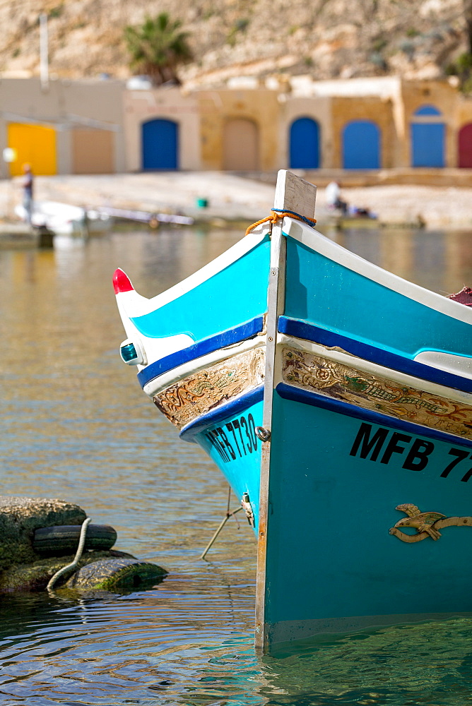 Traditional boat in the harbour at Dwejra Inland Sea in Gozo, Malta, Mediterranean, Europe