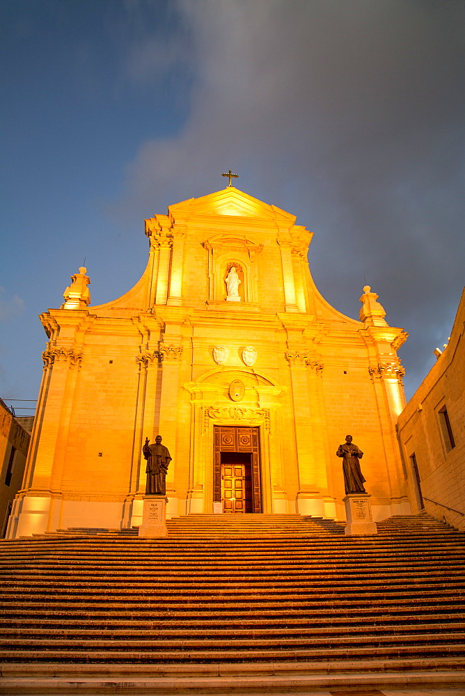 The Catedral de Rabat at night in the ancient citadel of Victoria (Rabat) in the heart of Gozo, Malta, Mediterranean, Europe