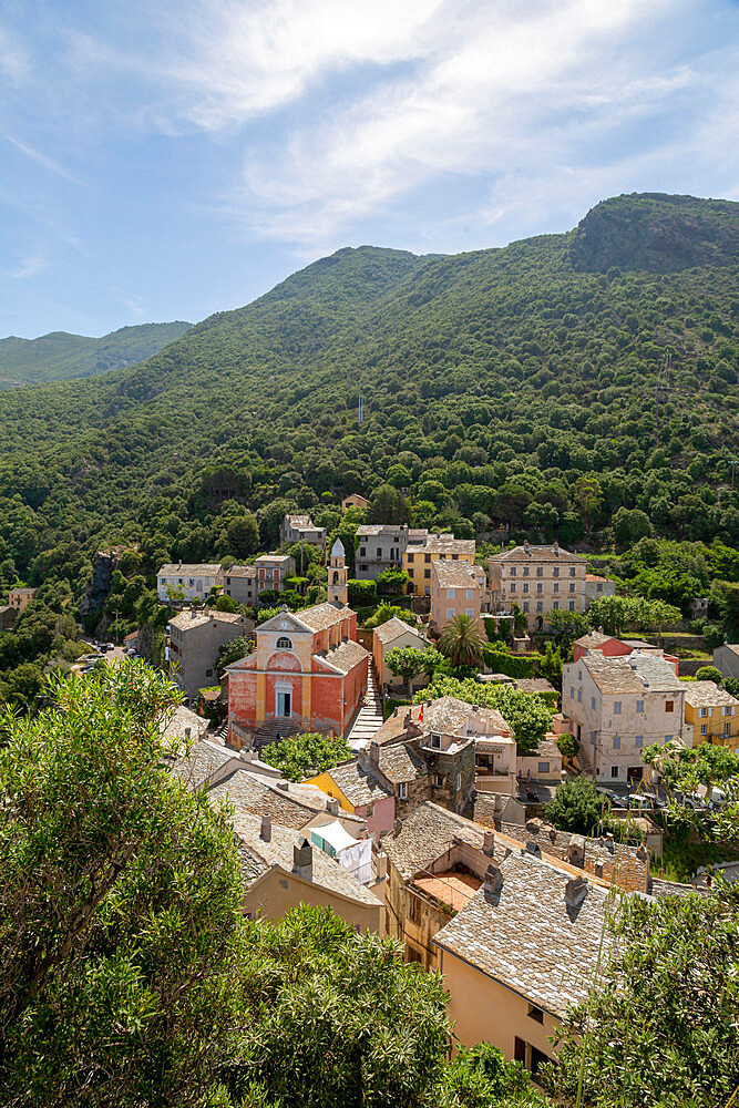 Santa Giulia church in the historic hill village of Nonza on Cap Corse, the most northerly point of Corsica, France, Mediterranean, Europe