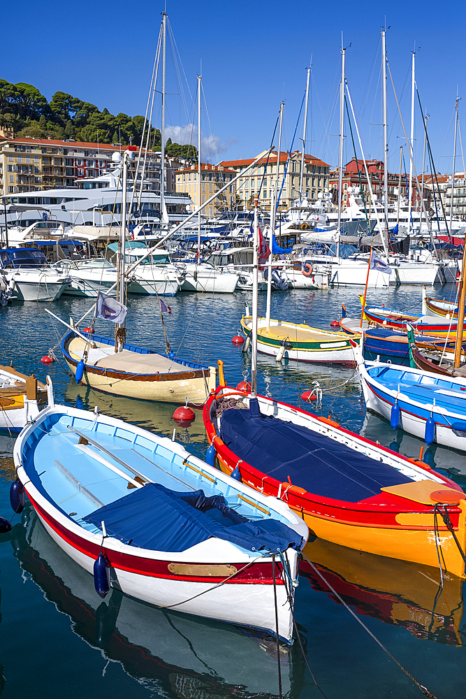 Traditional colourful fishing boats moored in Port de Nice, UNESCO, Alpes Maritimes, French Riviera, Provence, France