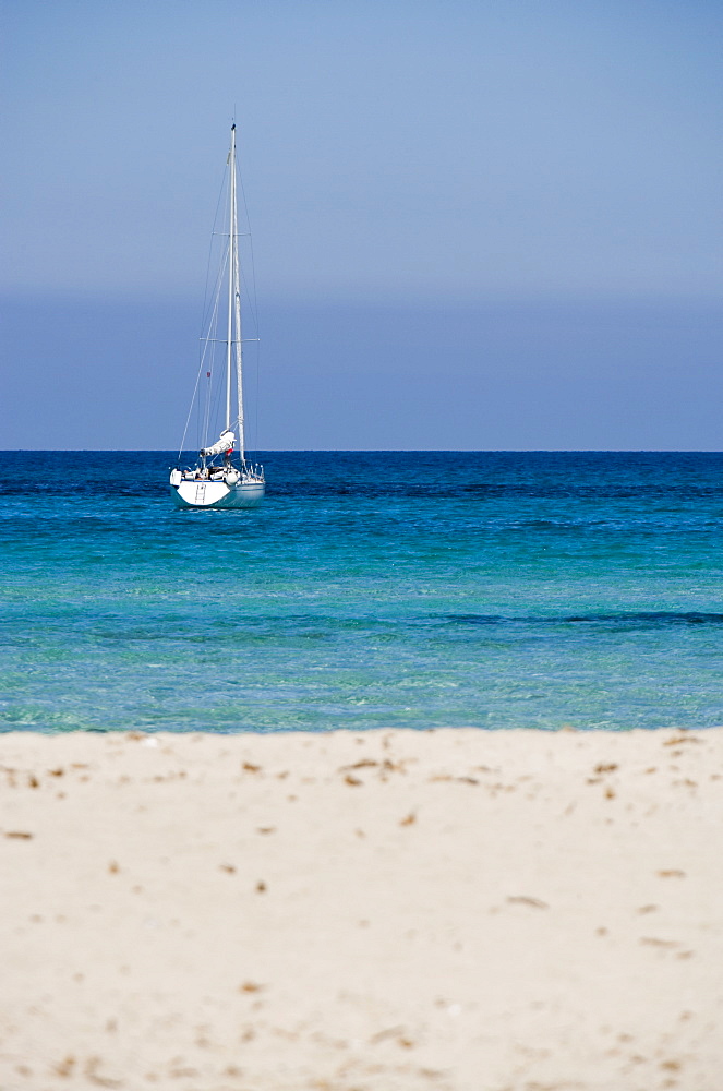 Moored yacht and beach, Mondello, Palermo, Sicily, Italy, Mediterranean, Europe