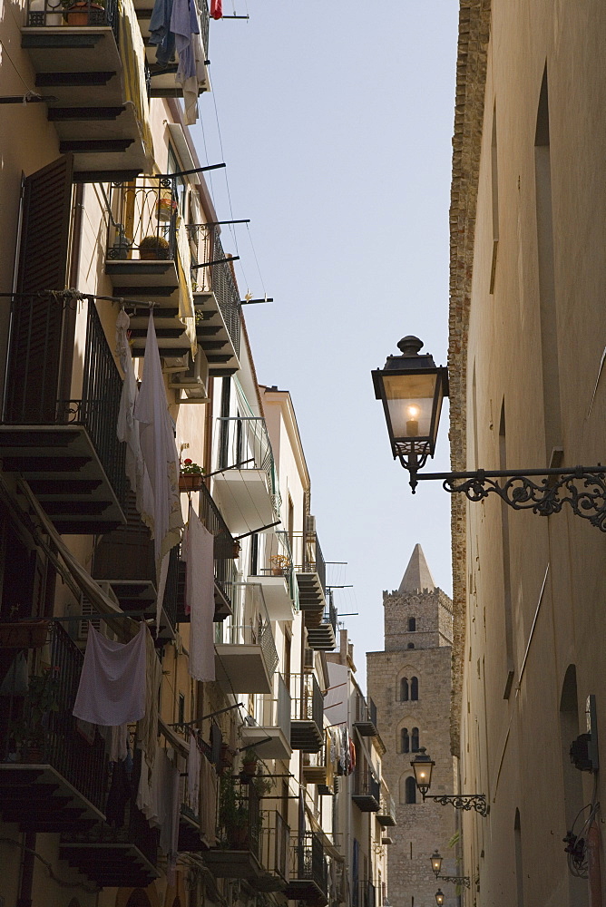 Narrow street, Cathedral, Cefalu, Sicily, Italy, Europe