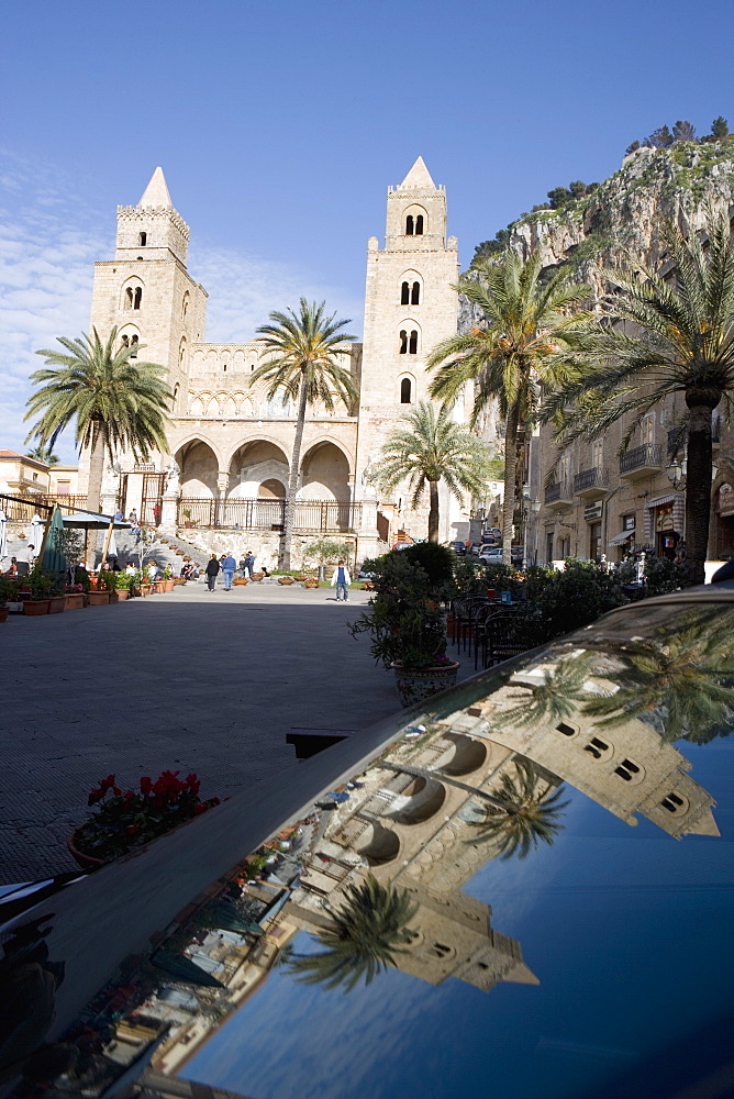 Reflection of Cathedral in a car, Piazza Duomo, Cefalu, Sicily, Italy, Europe