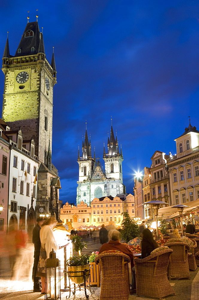 Cafe and Town Hall, Old Town Square and the Church of Our Lady before Tyn, Old Town, Prague, Czech Republic, Europe