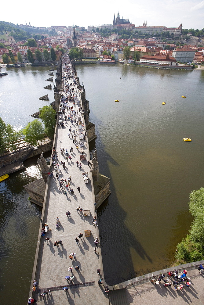 View of Charles Bridge, UNESCO World Heritage Site, from Old Town Bridge Tower, River Vltava, Little Quarter Bridge Tower, Prague, Czech Republic, Europe