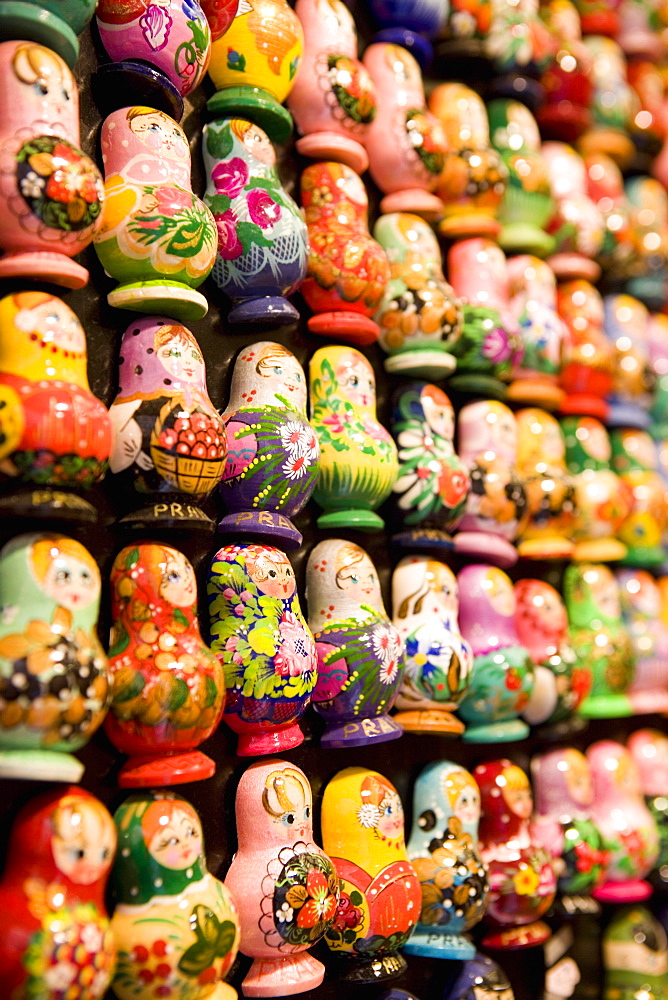 Display of Russian doll fridge magnets in shop, Old Town, Prague, Czech Republic, Europe