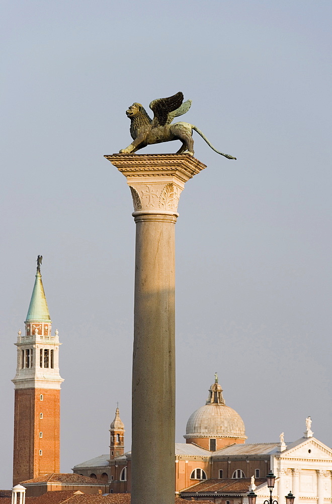 Column with the Lion of Saint Mark, Piazzetta, dome and campanile of San Giorgio Maggiore in the distance, Venice, Italy