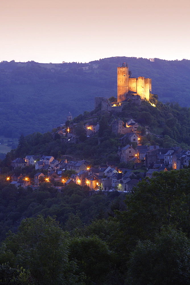 Chateau at dusk, Najac, Midi Pyrenees, France, Europe