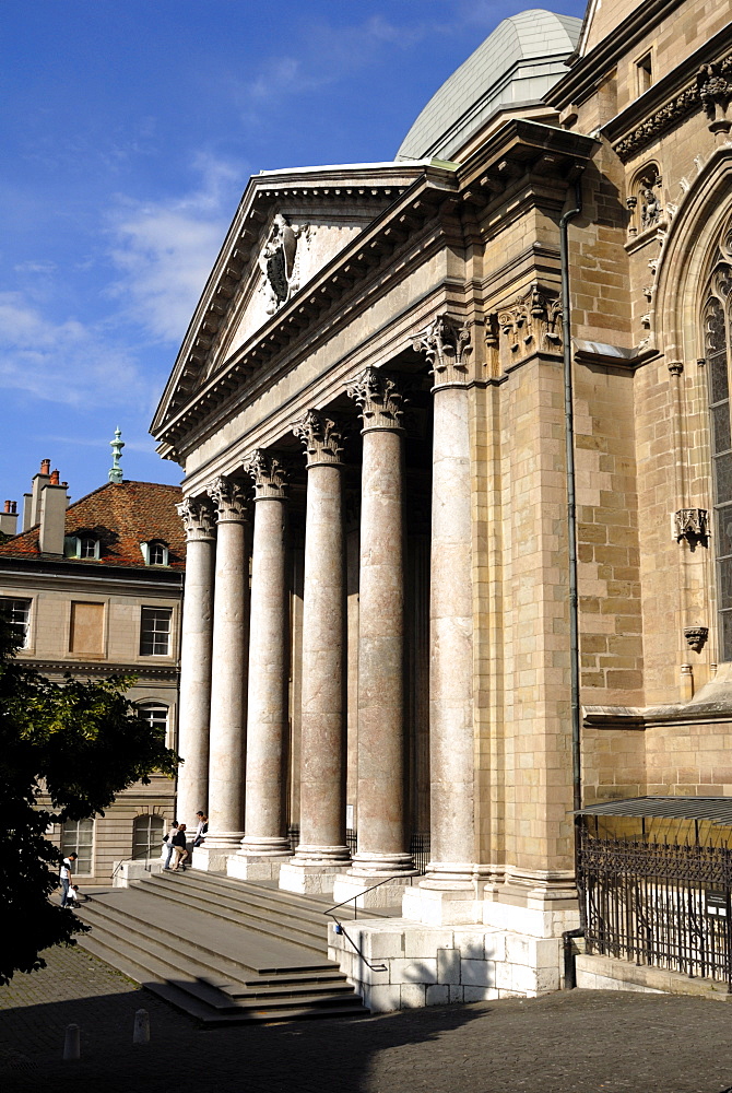 Front facade of St. Pierre Cathedral, old town, Geneva, Switzerland, Europe