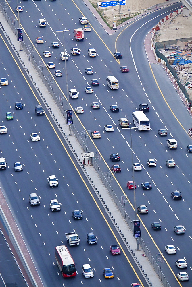 Elevated view of traffic along Sheikh Zayed Road, Dubai, United Arab Emirates, Middle East