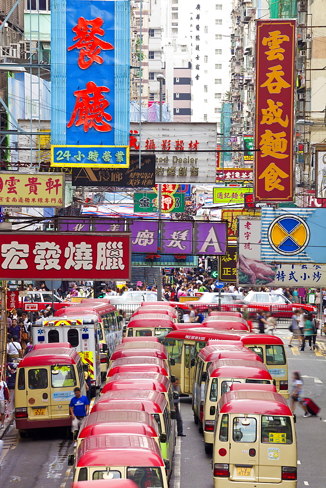 Street scene and Mini bus station, Mong Kok, Kowloon, Hong Kong, China, Asia