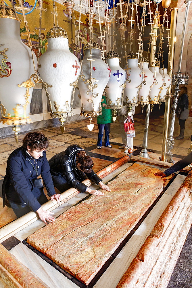 Church of the Holy Sepulchre with crosses and lanterns, the Stone of the Unction, Christian Quarter, Old City, Jerusalem, Israel, Middle East