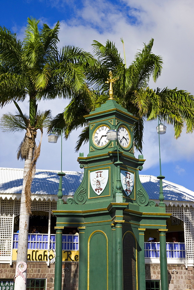 Clock Tower in the centre of capital, Piccadilly Circus, Basseterre, St. Kitts, Leeward Islands, West Indies, Caribbean, Central America