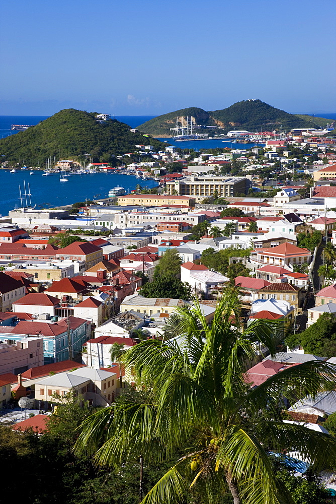 Elevated view over the town from Blackbeard's Castle, St. Thomas, U.S. Virgin Islands, West Indies, Caribbean, Central America