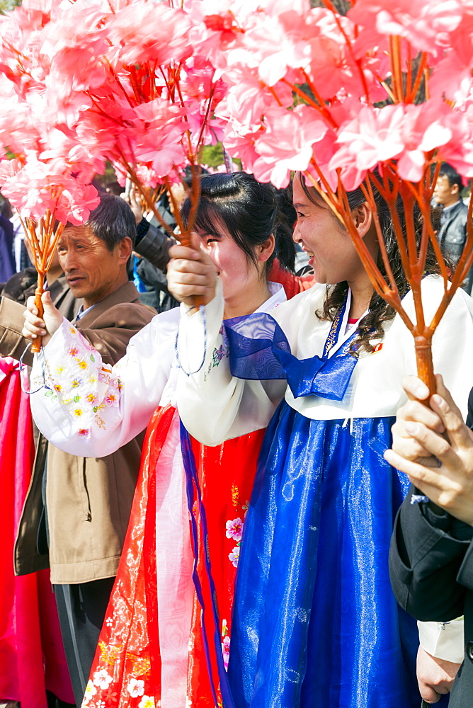 Women in traditional dress during street celebrations on the 100th anniversary of the birth of President Kim Il Sung, April 15th 2012, Pyongyang, Democratic People's Republic of Korea (DPRK), North Korea, Asia