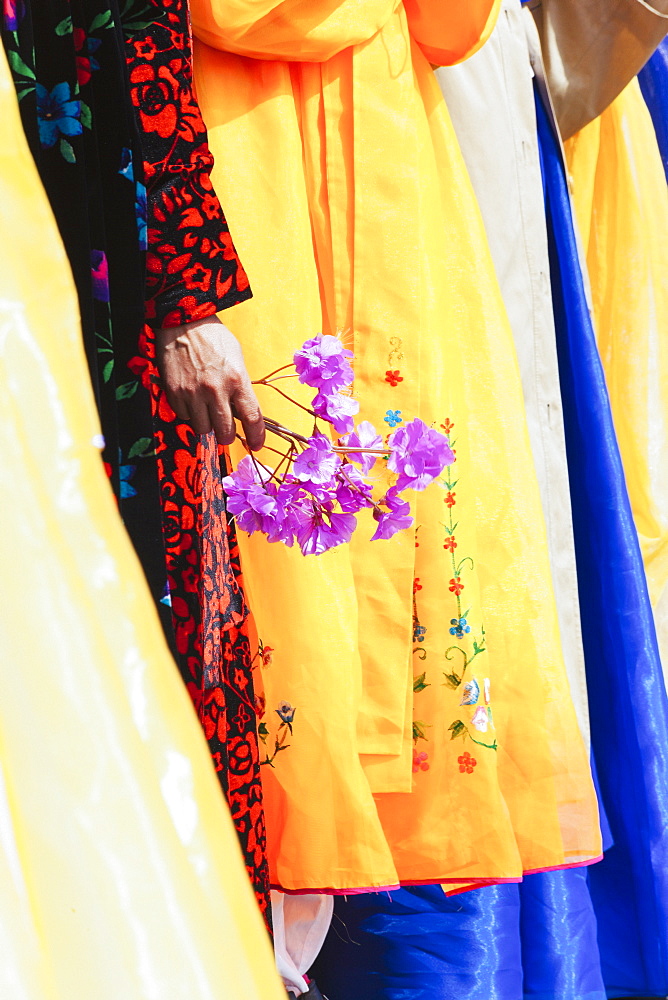 Women in traditional dress during street celebrations, Pyongyang, North Korea (Democratic People's Republic of Korea), Asia