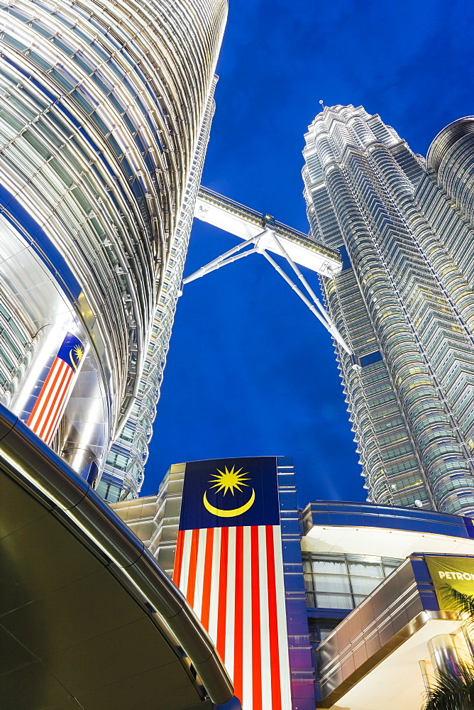 Petronas Towers and Malaysian national flag, Kuala Lumpur, Malaysia, Southeast Asia, Asia