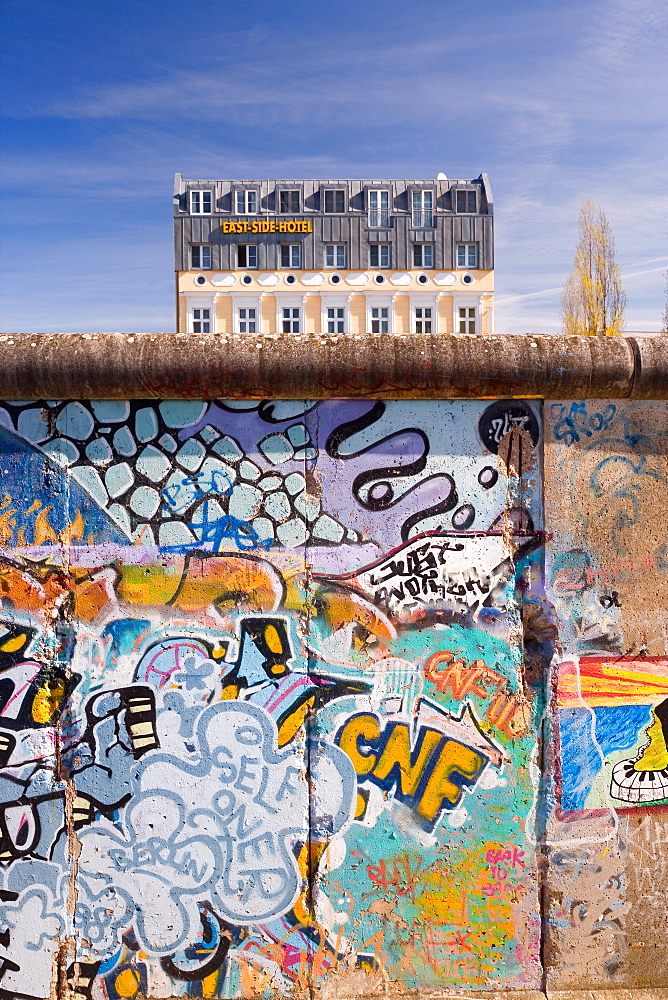 Former section of Berlin Wall, view from former West Berlin showing the East Side Hotel, Berlin, Germany, Europe