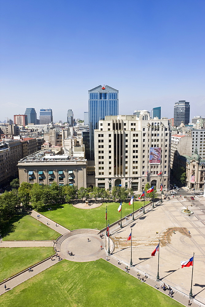 Elevated view over the Plaza de la Constitucion and the central Santiago city skyline, Santiago, Chile, South America