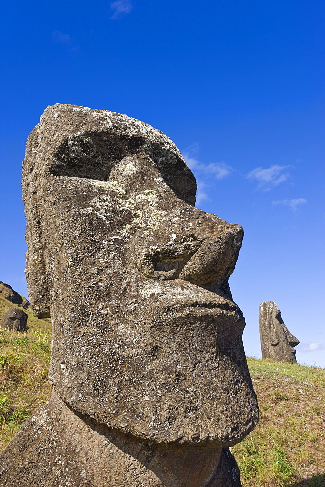 Giant monolithic stone Moai statues at Rano Raraku, Rapa Nui (Easter Island), UNESCO World Heritage Site, Chile, South America