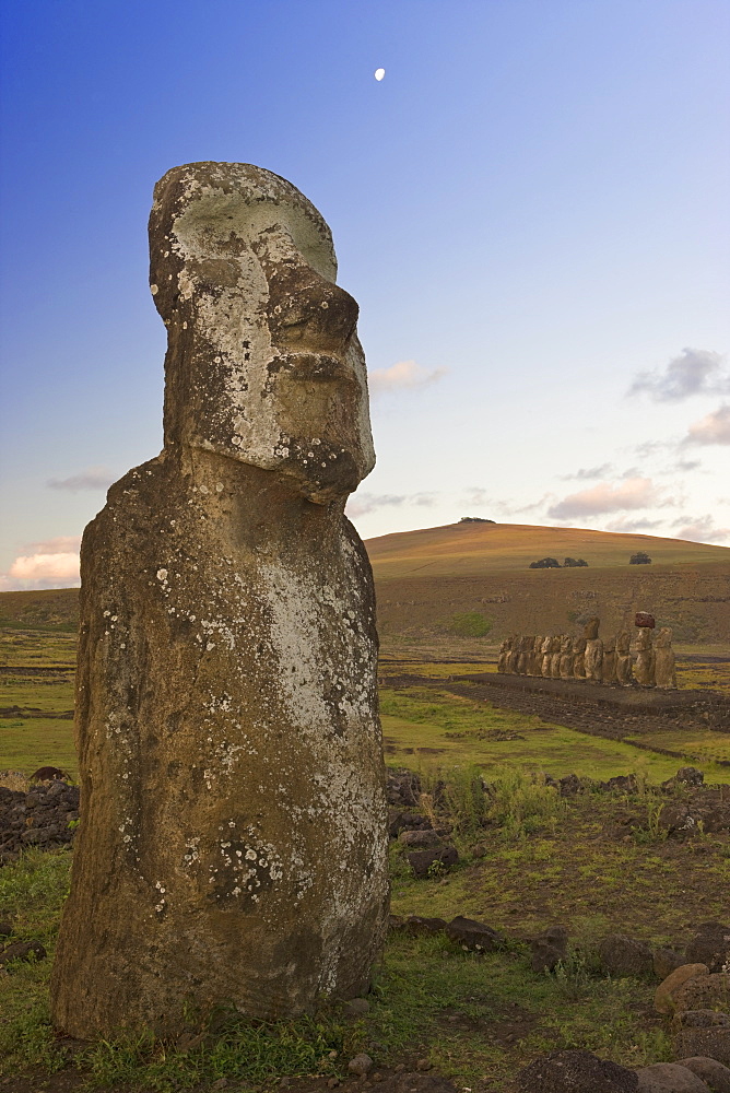 Lone monolithic giant stone Moai statue at Tongariki, Rapa Nui (Easter Island), UNESCO World Heritage Site, Chile, South America