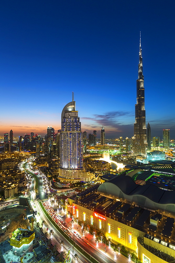 The Burj Khalifa, elevated view looking over the Dubai Mall, Dubai, United Arab Emirates, Middle East