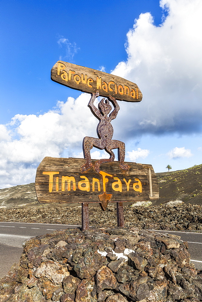 Timanfaya National Park, National Park entrance sign, Lanzarote, Canary Islands, Spain, Atlantic, Europe