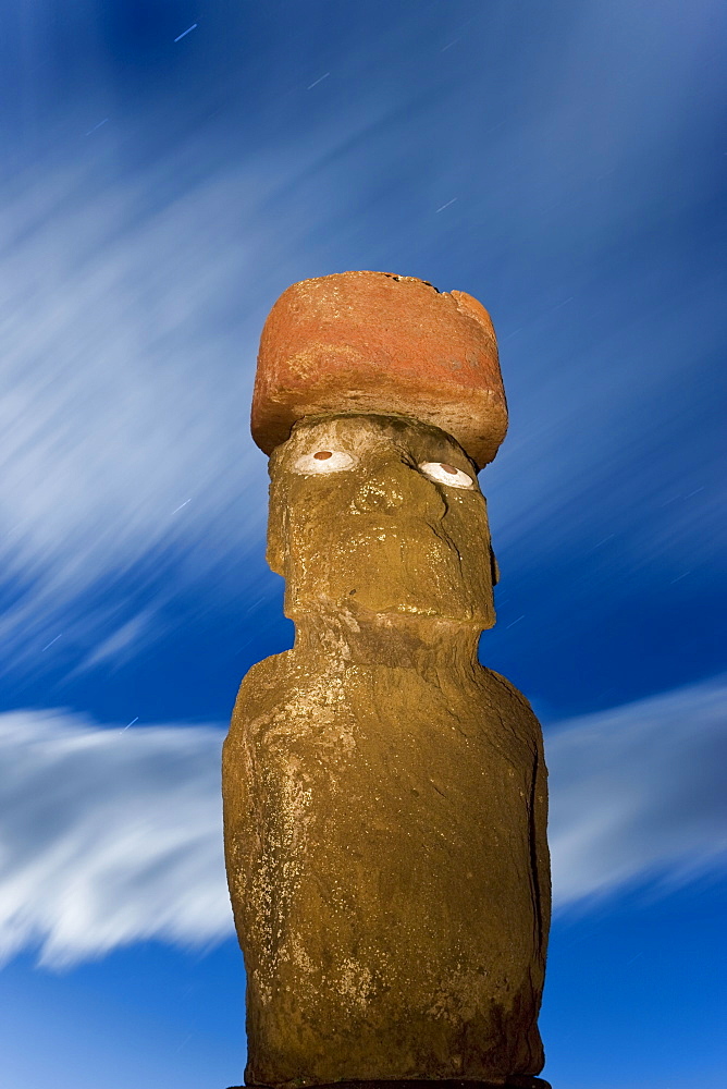 Moai statue Ahu Ko Te riku, the only topknotted and eyeballed Moai on the Island, backlit by moonlight, Rapa Nui (Easter Island), UNESCO World Heritage Site, Chile, South America