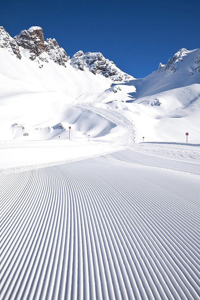 Newly groomed piste, St. Anton am Arlberg, Tirol, Austrian Alps, Austria, Europe