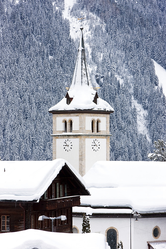 Grindelwald village church after a heavy fall of snow, Jungfrau region, Bernese Oberland, Swiss Alps, Switzerland, Europe