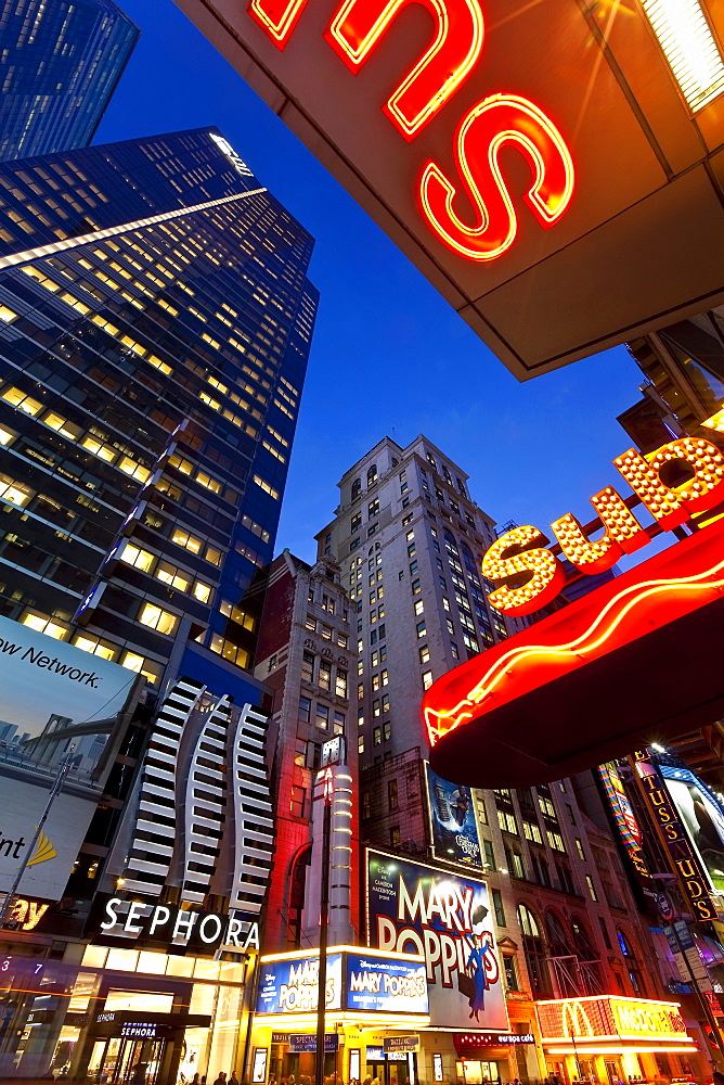 Neon lights of 42nd Street, Times Square, Manhattan, New York City, New York, United States of America, North America